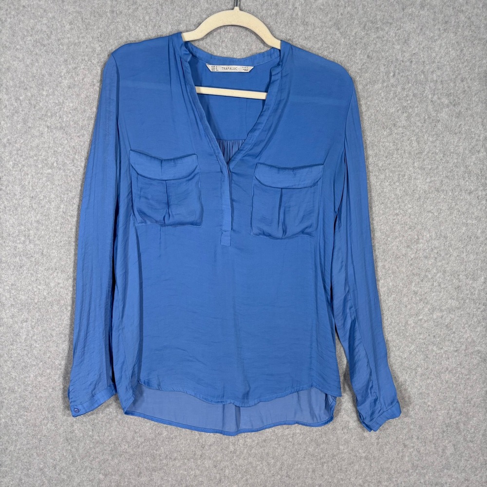 Zara Trafaluc Satin Blouse‎ Small Blue Popover Utility Silky Career Feminine